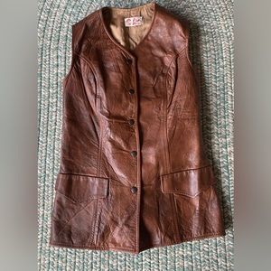 Vintage Women’s 1960’s Boho Brown Leather Long Vest Size Small